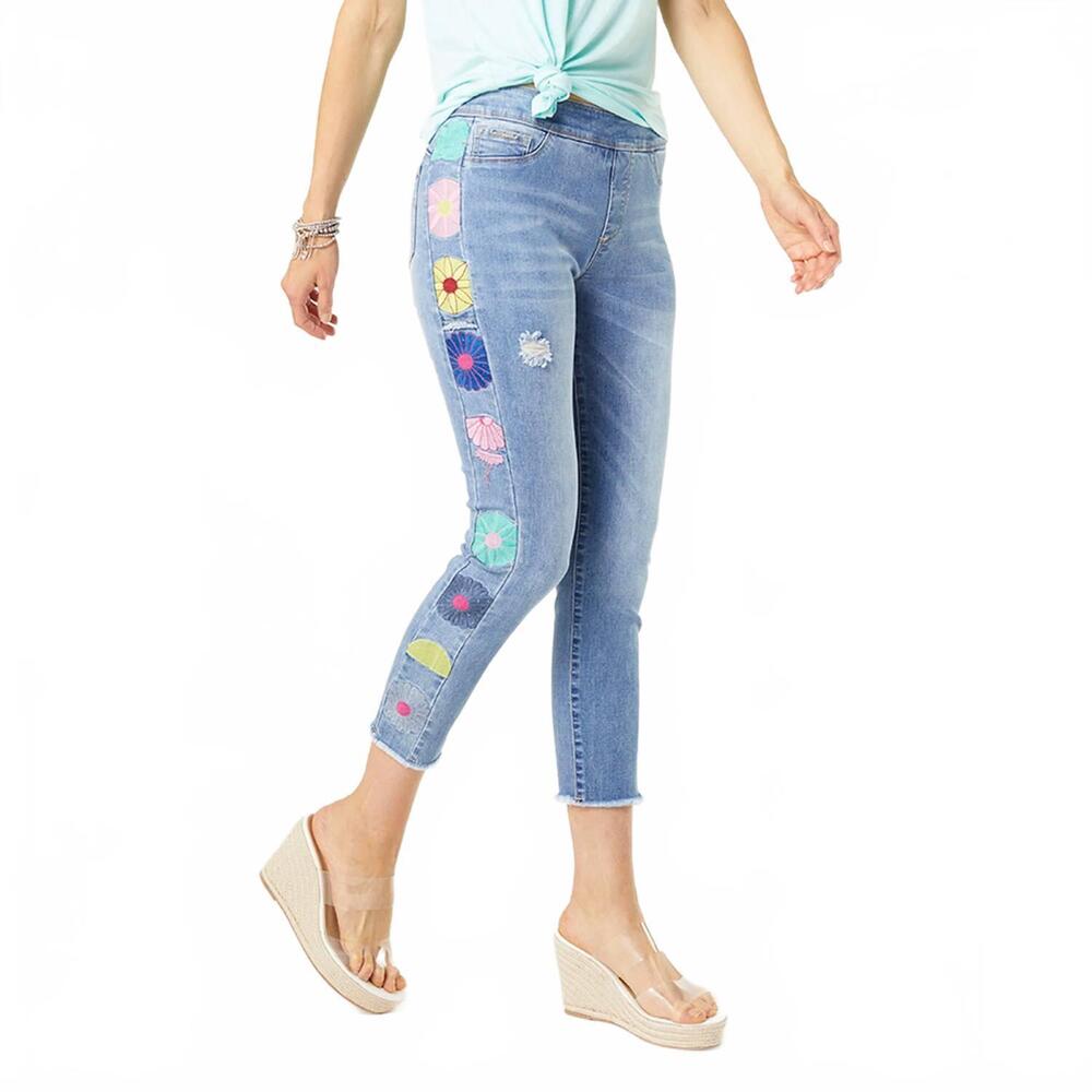 NEW COCO + CARMEN omg skinny capri jeans with floral side embroidery in blue